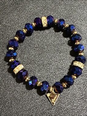 Guess Royal Blue Faceted Crystal Gold Tone Accent Stretch Bracelet